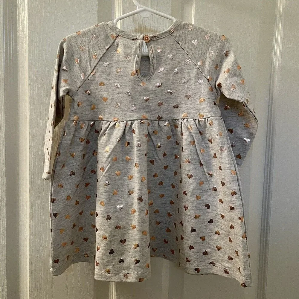 Peek Kids Gold Foil Hearts Long Sleeve Dress Baby Girls Size 12-18 Months NWT